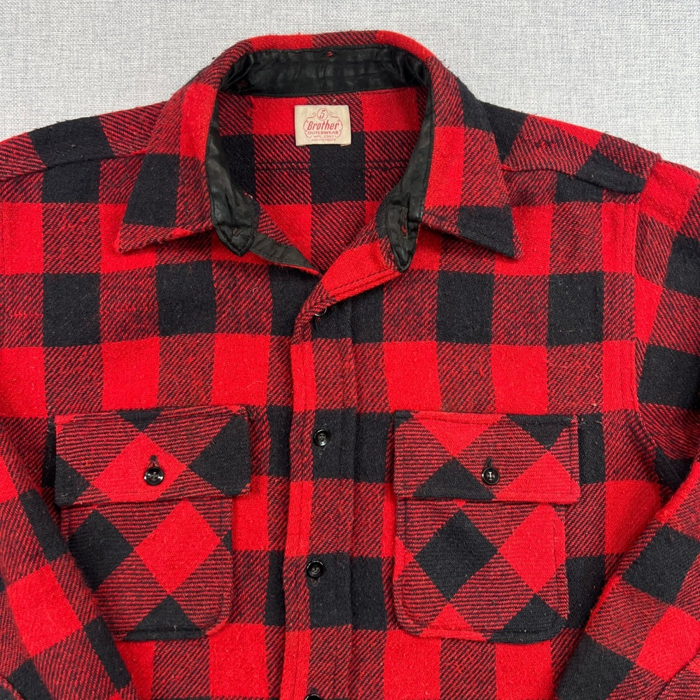 Vintage 1950s Five Brother Buffalo Plaid Wool Button Shirt Mens Large Red Black